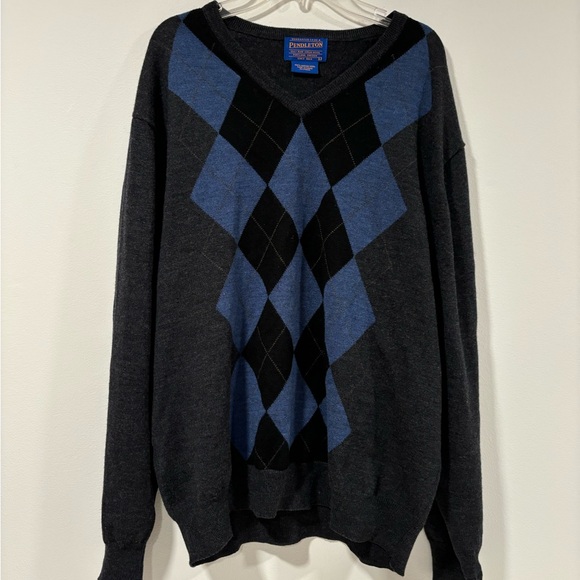 Pendleton Mens Argyle Wool V-Neck Sweater Blue Charcoal Gray Large - Picture 5 of 9